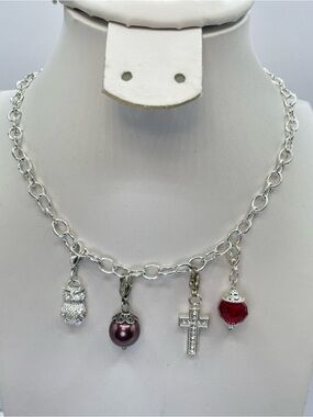 Origami Owl Silver Tone Charm Chain Necklace Owl Cross Crystal Boho
